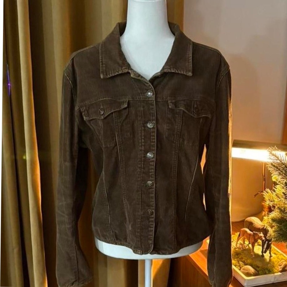 Vtg 00s/Y2K AMI Brown Corduroy Trucker Jacket Womens Large‎ Cotton Button Up